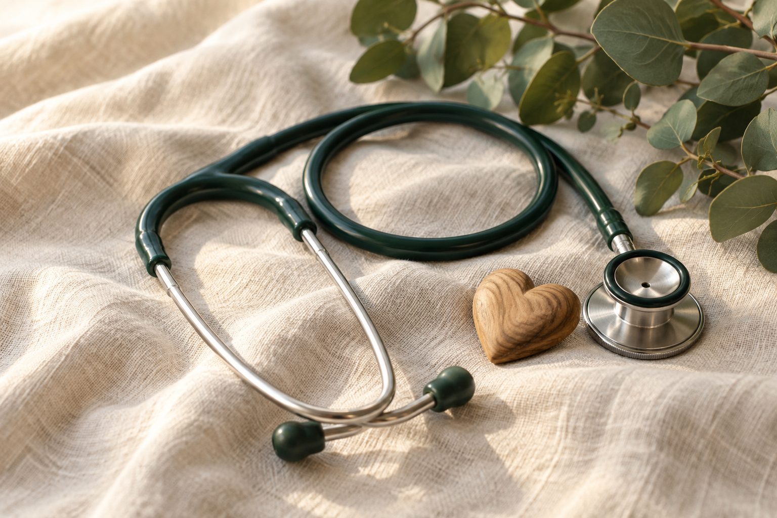 Decorative still life of a stethoscope, wooden heart, and green leaves on cream linen