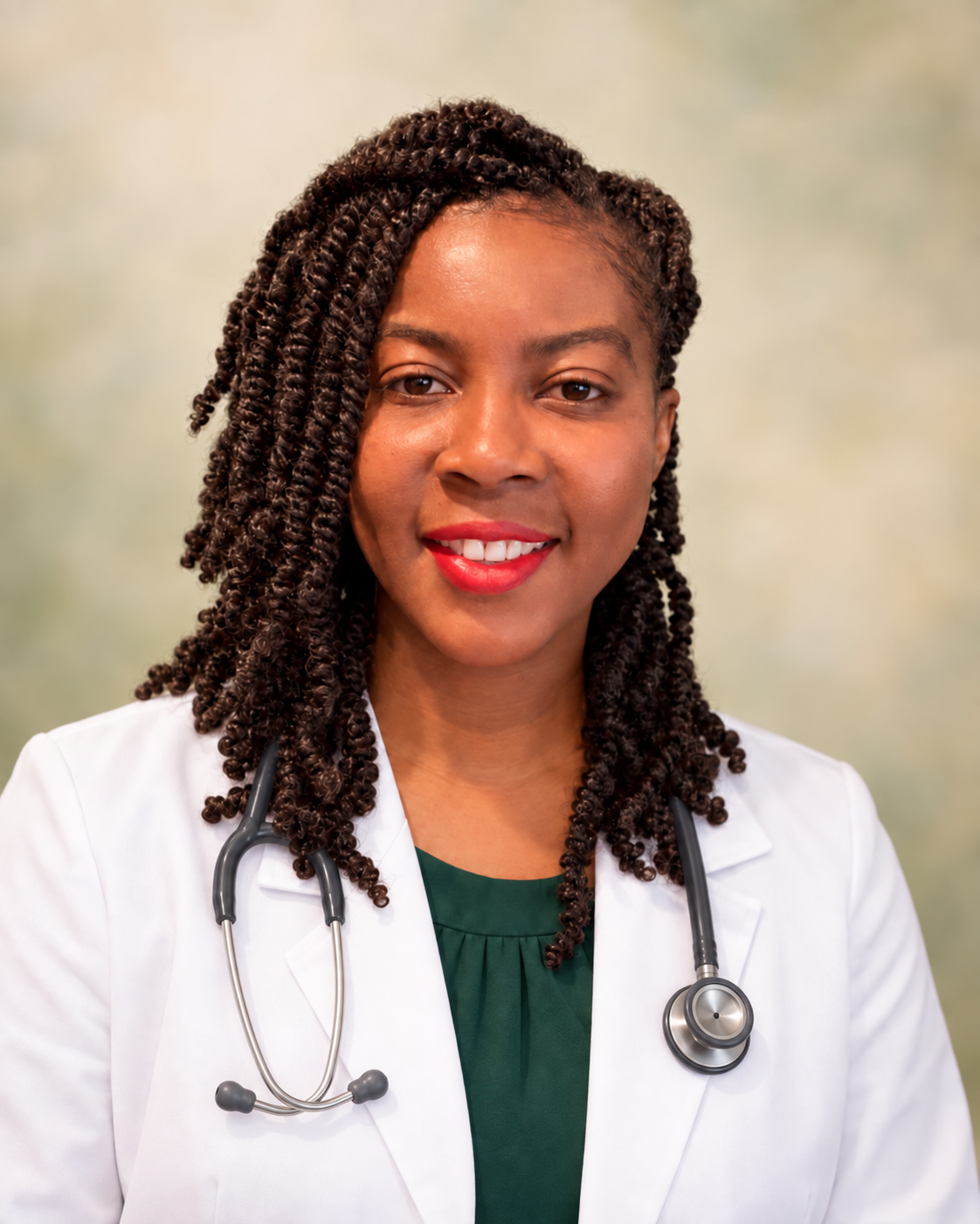Portrait of Tanneh Swen-Williams in a white coat with a stethoscope
